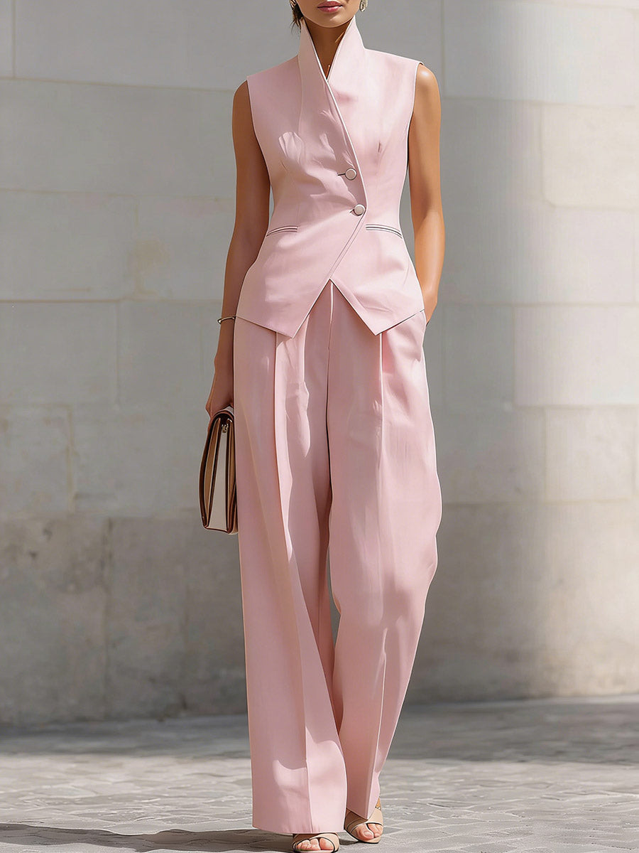 Women's Stand-up Collar Sleeveless Casual Loose Top And High-waisted Casual Loose Wide-leg Pants Cotton Set