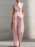 Women's Stand-up Collar Sleeveless Casual Loose Top And High-waisted Casual Loose Wide-leg Pants Cotton Set