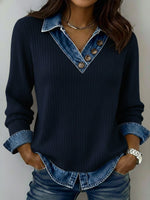 Casual Patchwork Denim Knit Top