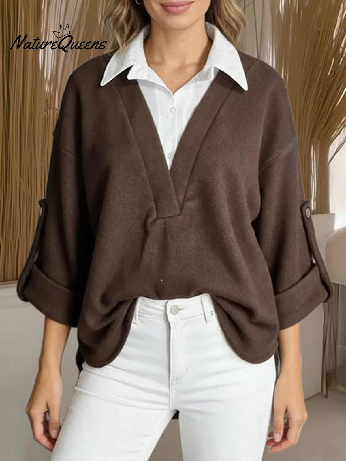 Women's Long-sleeved Casual Loose Shirt With Contrasting Color Splicing And A Faux Two-piece Design.