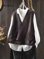 Women's Solid Color V-neck Sleeveless Loose-fitting Knitted Cardigan Vest