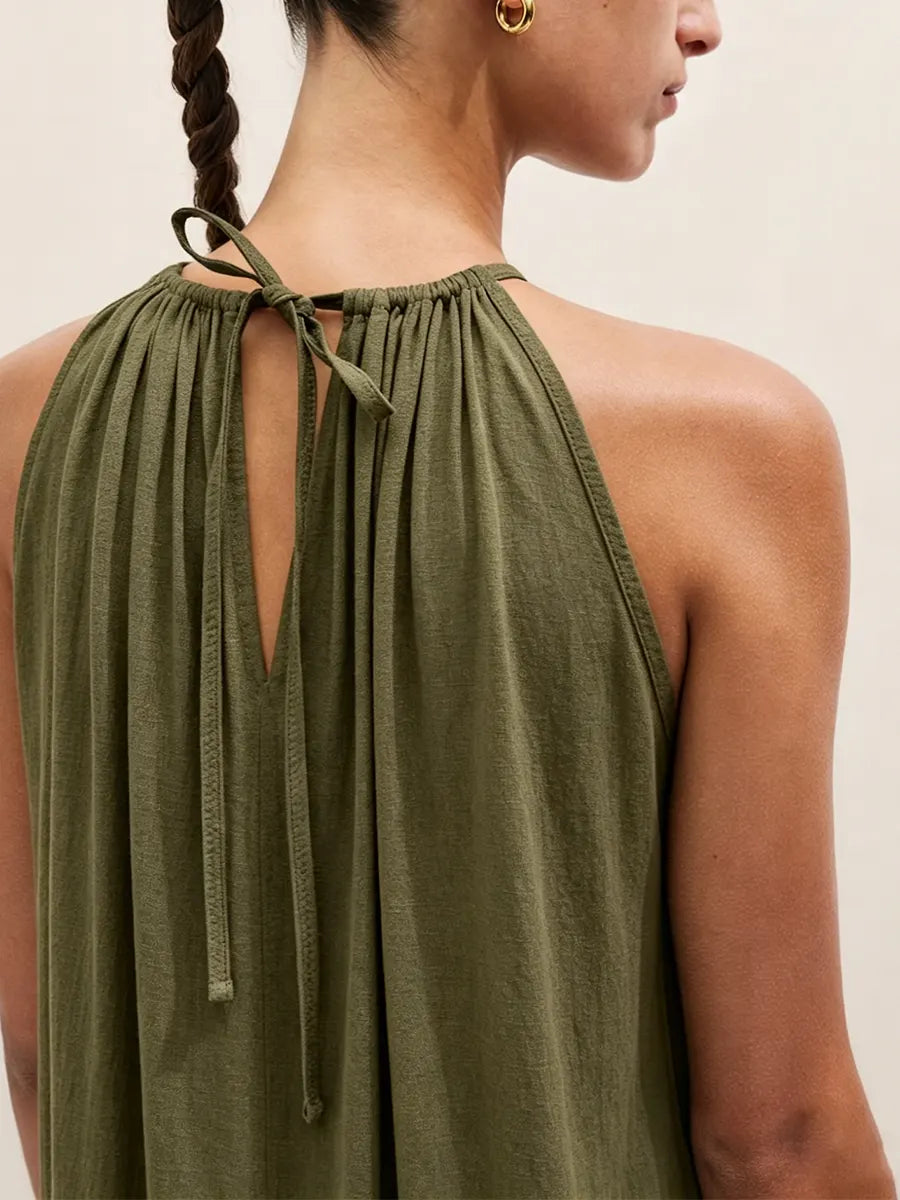 Vestido largo de verano de corte relajado con escote halter, vestido largo holgado sin mangas de mezcla de lino para vacaciones y uso diario.