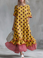 Casual Short-sleeve Dress With Polka-dot Print And Ruffled Hem