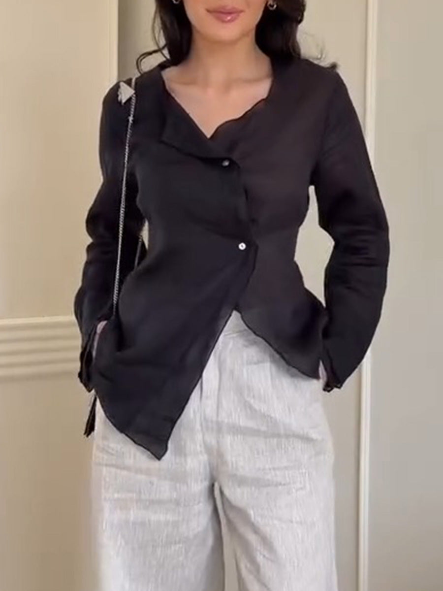 Women's Solid-color V-neck Long-sleeve Casual Loose Cotton-linen Top