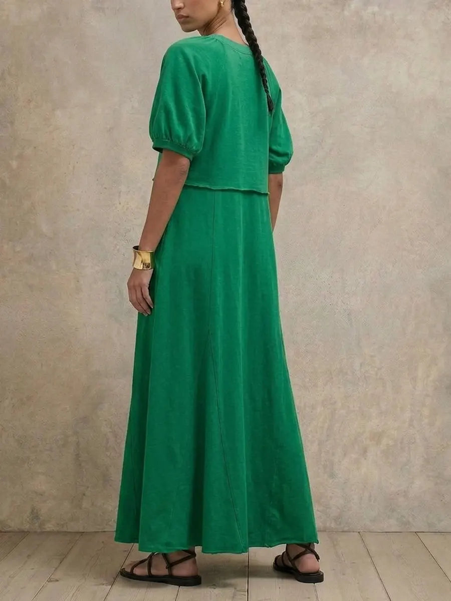 Vestido midi maxi de manga corta con corte relajado y mangas raglán, vestido casual de verano con vuelo y corte en A de color liso.