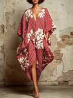 Women's Abstract Print V-neck 3/4-sleeve Casual Loose Cotton-linen Dress