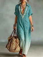Women's Retro Gradient Florals Cotton Jumpsuit With Pockets