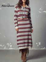 Women's Color-blocked Striped Print Cardigan Collar Long-sleeved Casual Loose Knit Dress