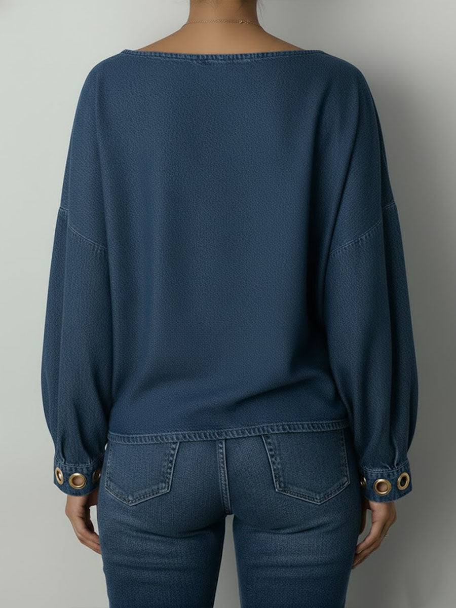 Women's Round Neck Metal Eyelet Cutout Design Casual Loose Long-sleeved Denim Top.