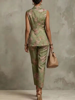 Women's Elegant Floral Sleeveless Blazer And Pants Two-piece Set