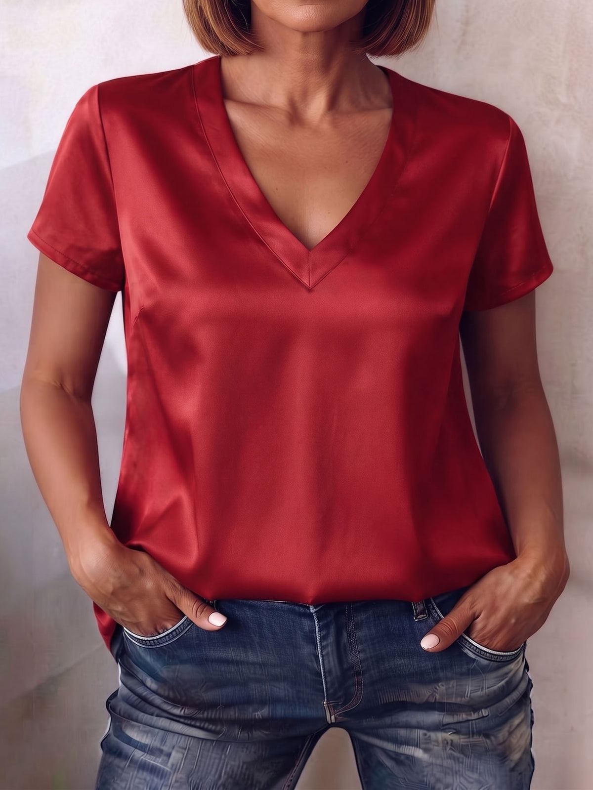 Elegant And Casual V-neck Satin Short-sleeved Shirt