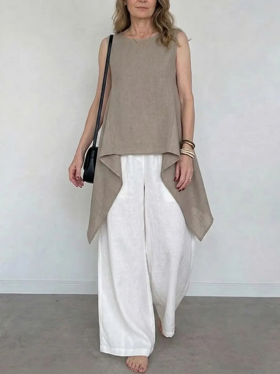Women's Minimalist Sleeveless Irregular Cut Top With Wide-leg Pants Cotton-linen Set