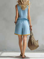 Women's Round Neck Sleeveless Casual Loose Vest And Elastic Waist Casual Loose Shorts Cotton And Linen Set.