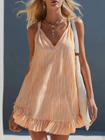 Women's Striped Ruffled Sleeveless V-Neck Spaghetti Strap Mini Dress