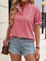 Women's Ruffled Stand Collar Plaid Short-sleeve Shirt