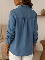 Women's V-neck Ruffled Long-sleeve Denim Shirt