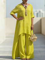 Cozy Travel Asymmetrical Hem Cotton-linen Two-piece Set