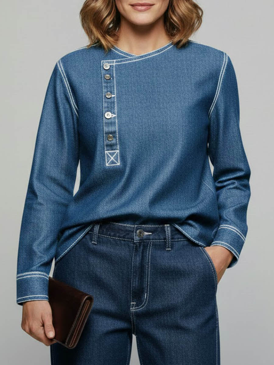 Women's Round Neck Long-sleeved Loose-fitting Casual Denim Top