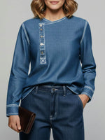 Women's Round Neck Long-sleeved Loose-fitting Casual Denim Top