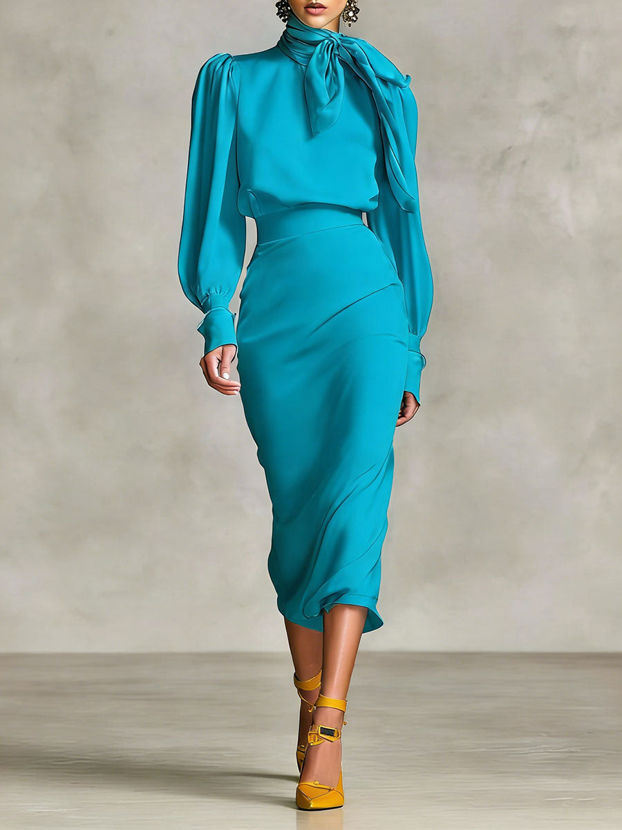 Women's Retro-style Tie-waist Long-sleeved Stand Collar Comfortable Minimalist Dress