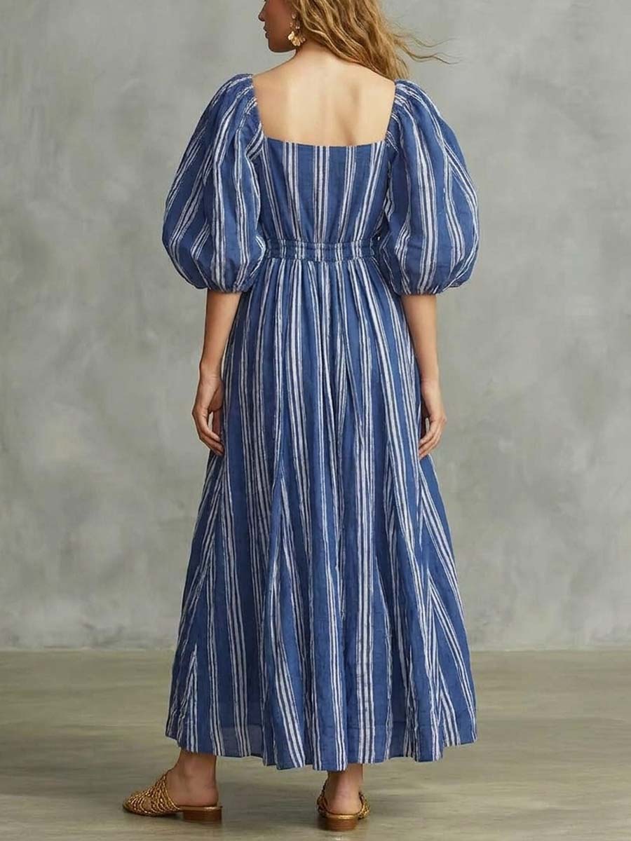 Women's Striped Art Casual Stylish Short Sleeve Cotton Linen Dress