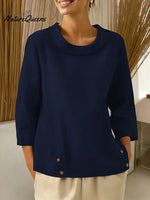 Women's Solid Color Round Neck Three-quarter Sleeve Casual Loose Cotton And Linen Top