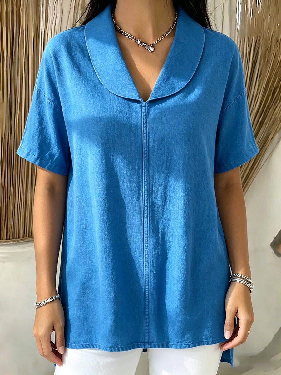 Casual Shawl Collar Cotton-linen Blouse