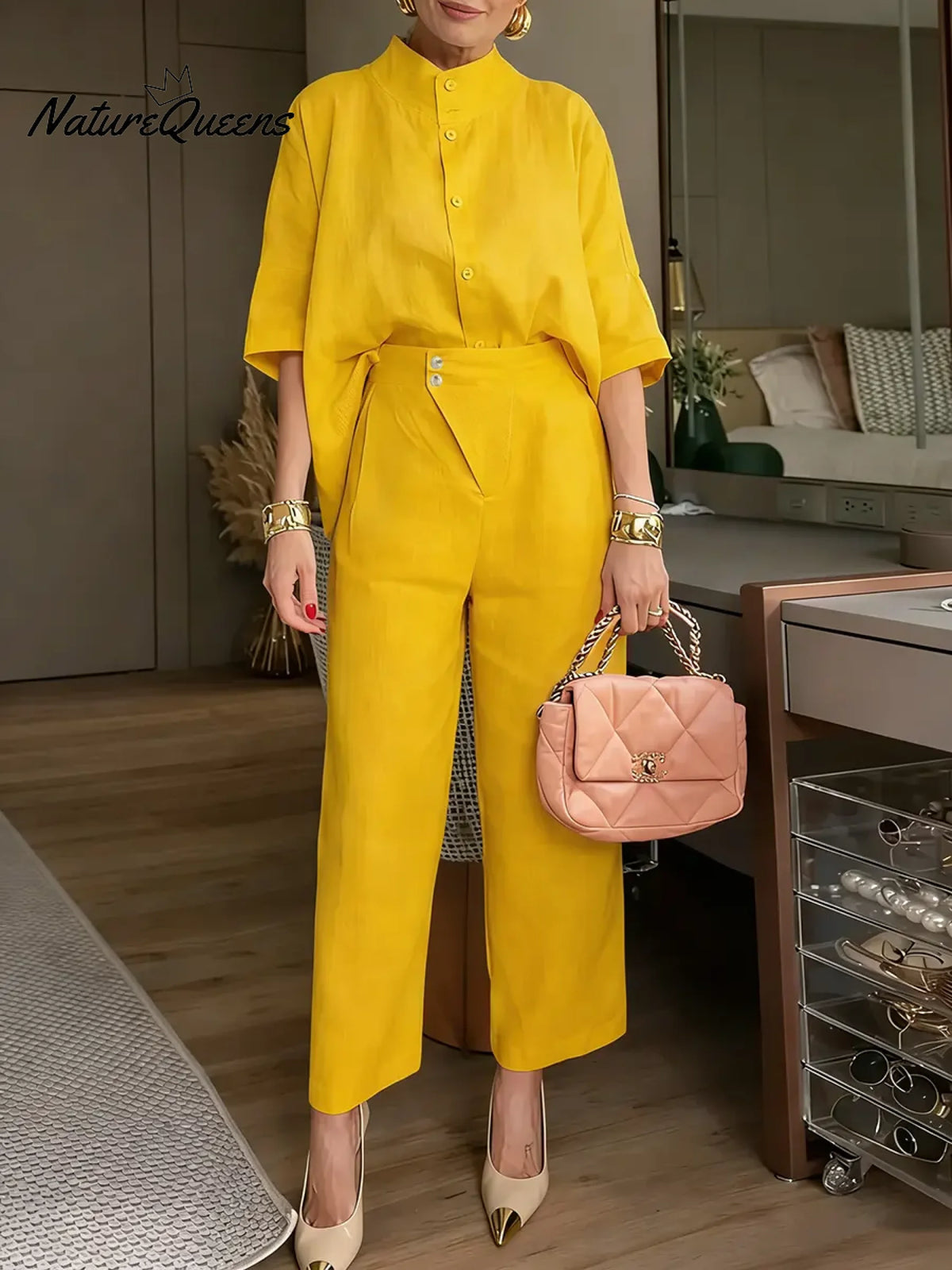 Women's Solid Color Stand-collar Three-quarter Sleeve Casual Loose Cotton And Linen Cardigan And High-waisted Wide-leg Pants Set