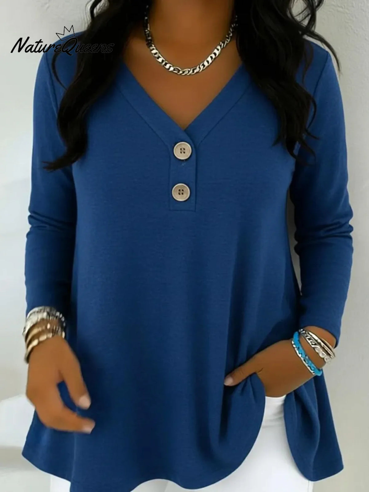 Women's Basic V-neck Button-up Cotton T-shirt