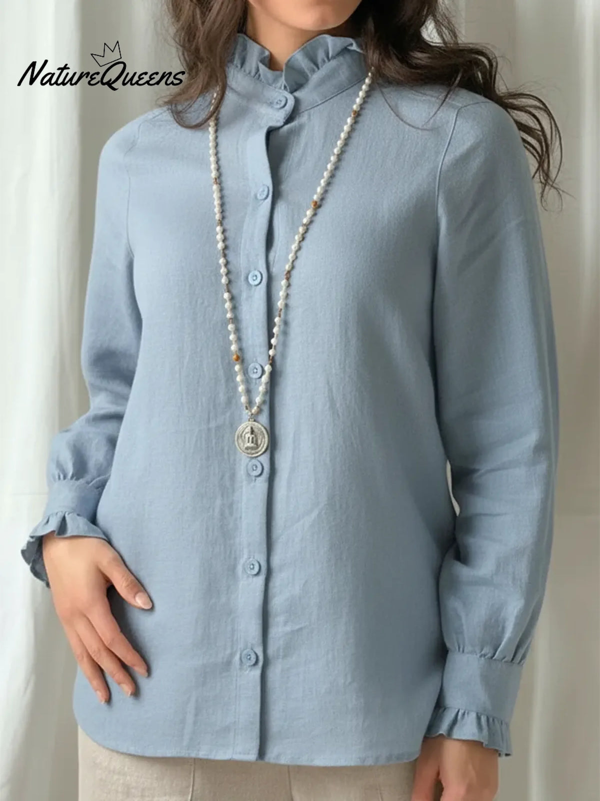 Vintage Lace-trimmed Stand-collar Linen Shirt