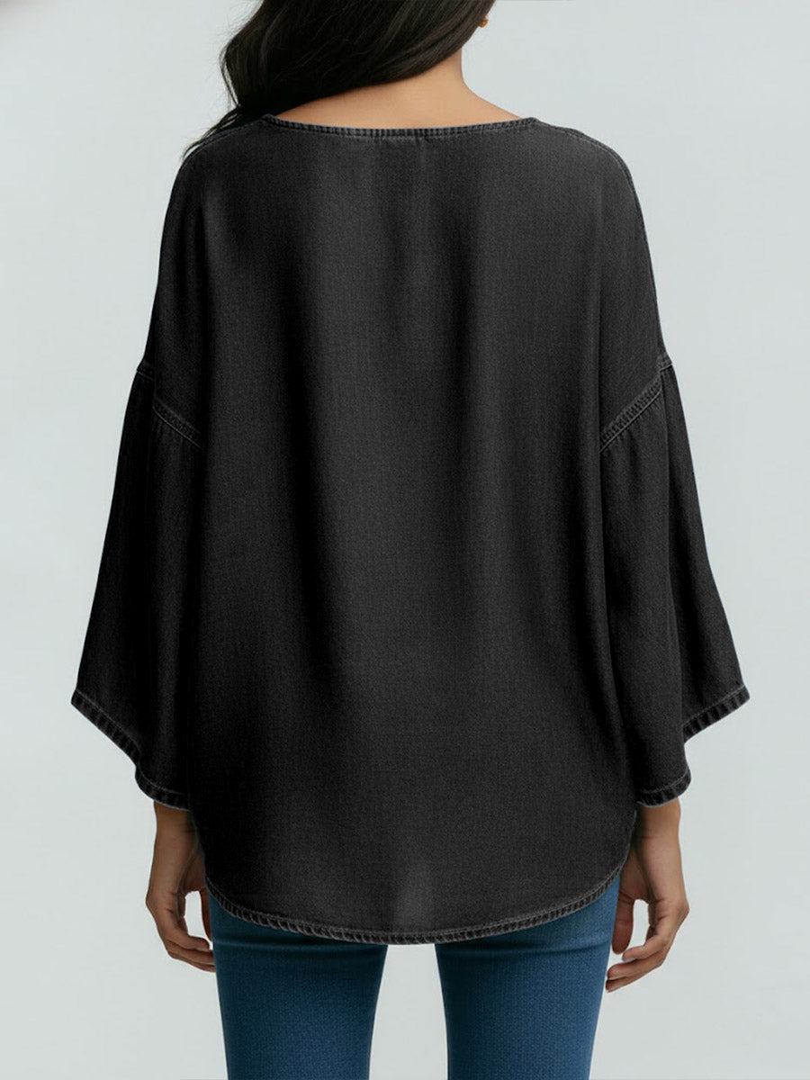 Women's Round Neck Long-sleeved Loose-fitting Casual Denim Top