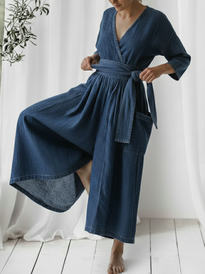 Casual Loose-fitting Denim Jumpsuit With Waist Tie