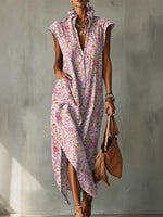 Elegant Floral Decorative Pattern Women's No Sleeve Bud Collar Linen Cotton Dress