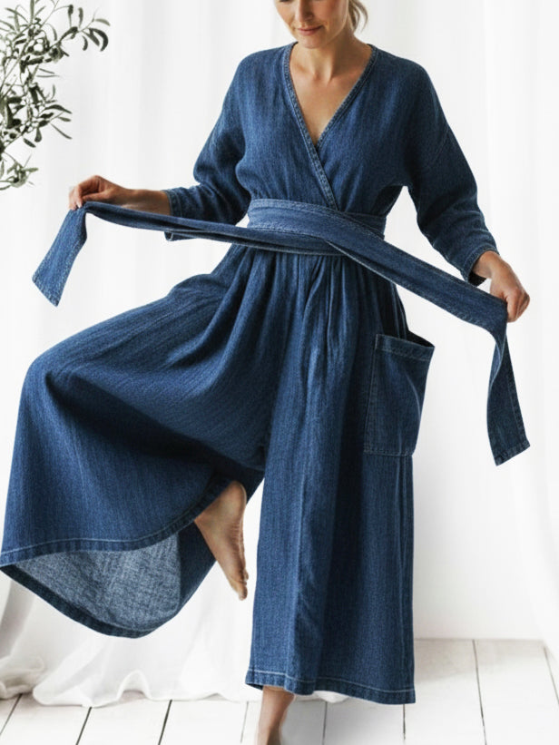 Casual Loose-fitting Denim Jumpsuit With Waist Tie