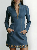 Women's Stand Collar Long Sleeve Casual Slim Fit Denim Dress