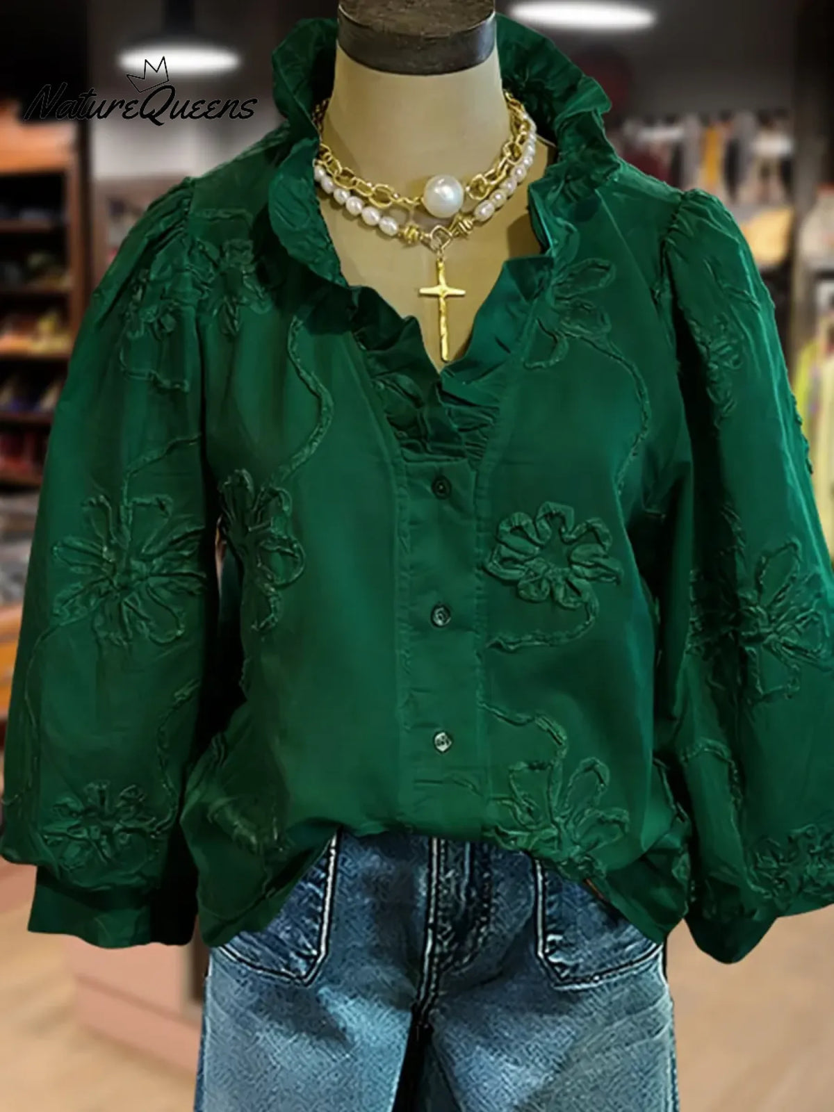 Women's Vintage Flower Art Print Casual Cotton And Linen Ruffle Shirt