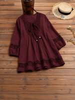 Lace-paneled Cotton-linen Top With Tie Detail — Loose-fit, Three-quarter Sleeve, Cotton-feel Fabric