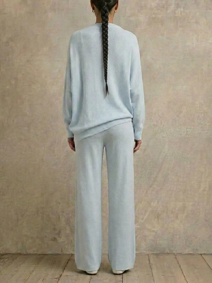 Draped Cowl Neck Loose Fit Long Sleeve Top & High Waist Drawstring Wide Leg Pants Vacation Home Wear 2 Piece Co-ord Set