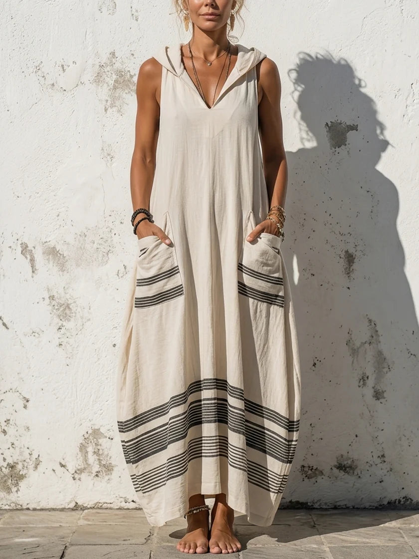 Loose-fit Casual Linen And Cotton Sleeveless Hooded Dress