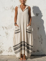 Loose-fit Casual Linen And Cotton Sleeveless Hooded Dress