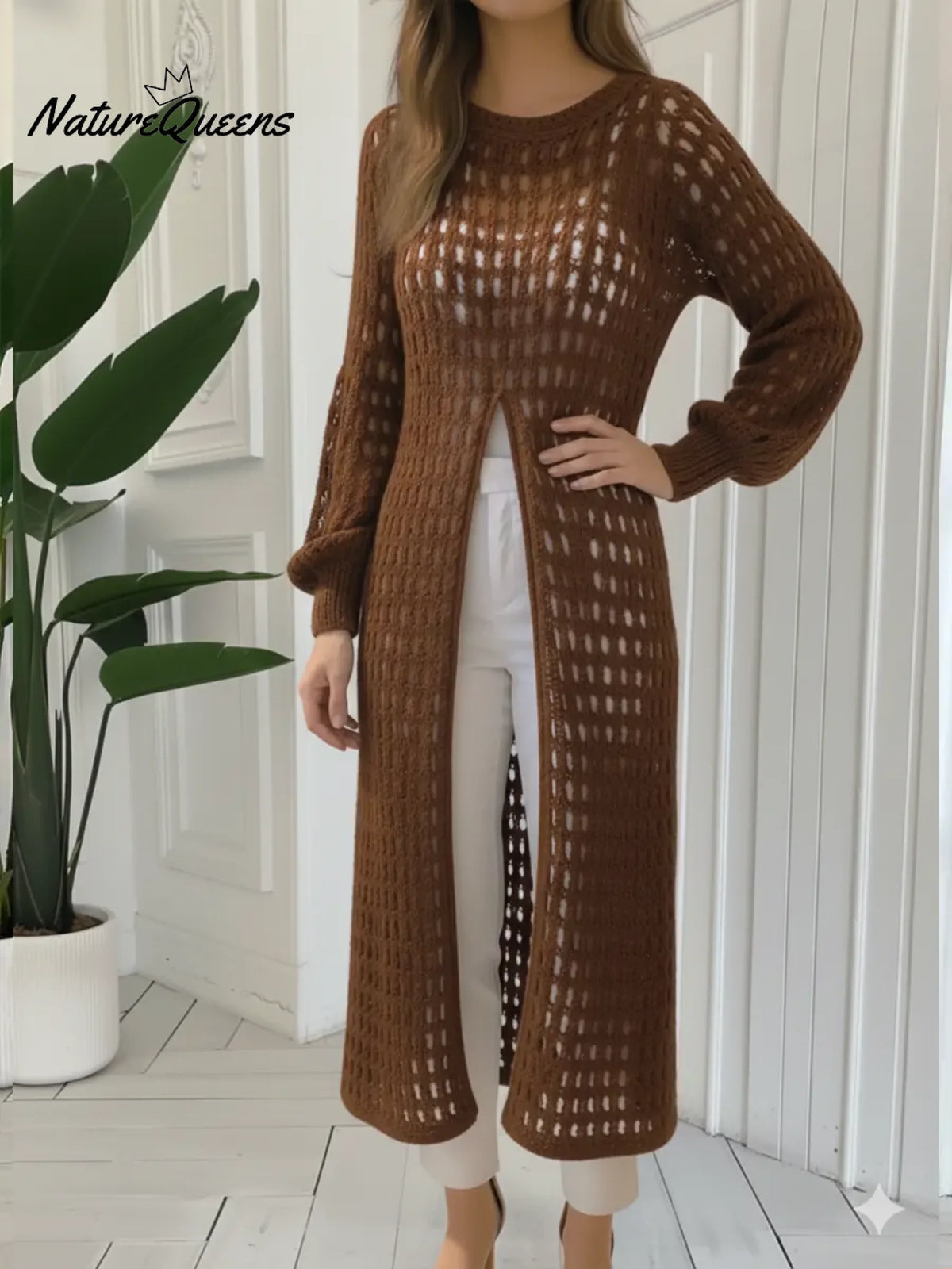 Women's Openwork Crochet Slit Long Top