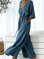 Casual V-neck Loose-fitting Drawstring Waist Denim Jumpsuit