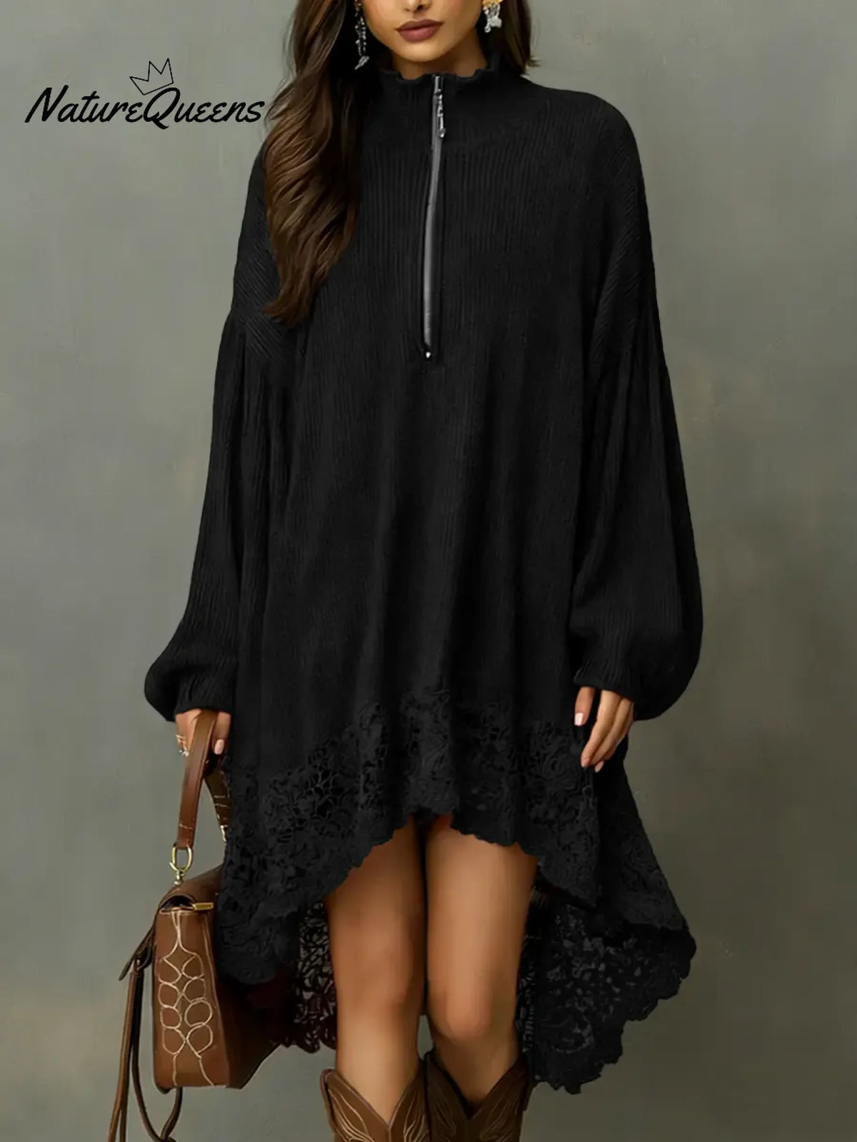 Women's Solid Color Stand-collar Long-sleeved Casual Loose Knit Dress With Lace Trim.