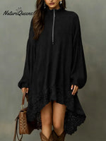 Women's Solid Color Stand-collar Long-sleeved Casual Loose Knit Dress With Lace Trim.