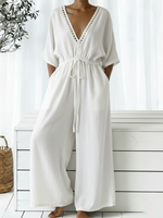 Casual V-neck Loose-fitting Drawstring Waist Denim Jumpsuit