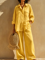 Two-piece Set Featuring A Loose-fit, Long-sleeved Cotton-linen Shirt With A Collar And Dual Patch Pockets, Paired With High-waisted Wide-leg Trousers.