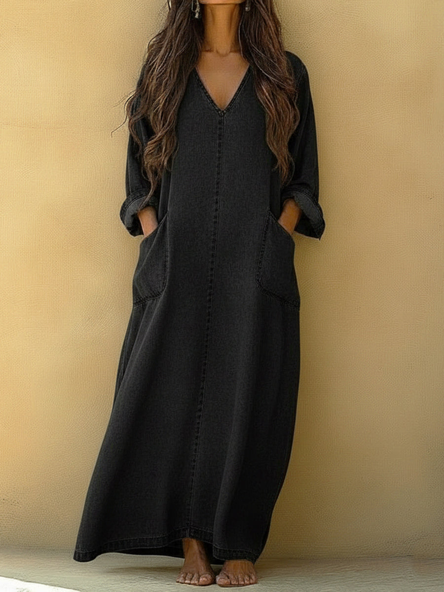 Casual V-neck Loose Denim Dress