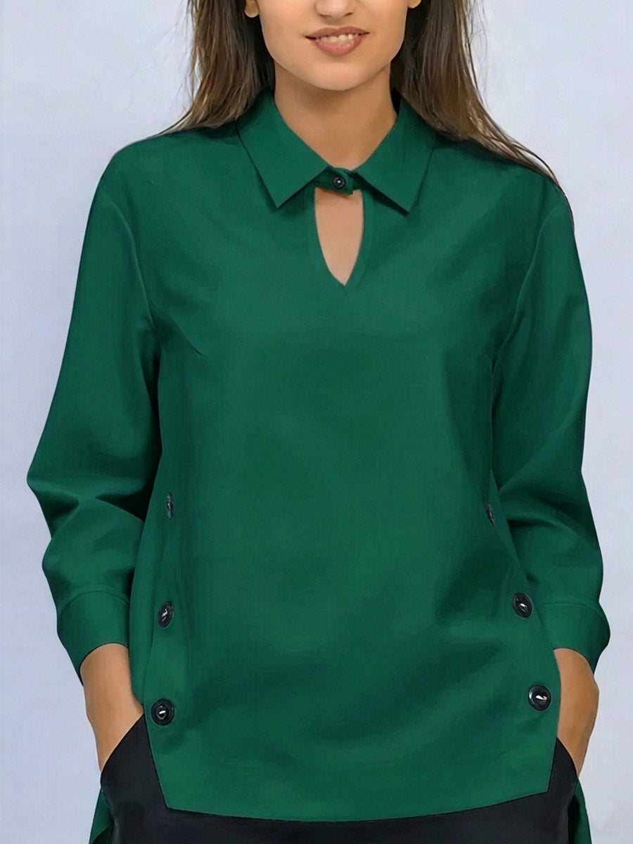 Women's Solid-color Lapel Long-sleeve Casual Loose Cotton-linen Top