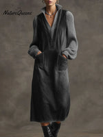 Women's Solid Color Stand Collar Long Sleeve Casual Loose Cotton Knit Patchwork Dress