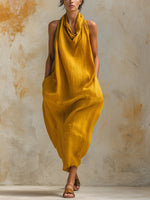 Effortlessly Stylish Swing Collar Pocket Cotton Linen Dress